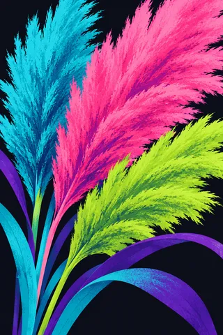 A bundle of dried pampas plumes in pink, black, teal, yellow; portrait artwork.