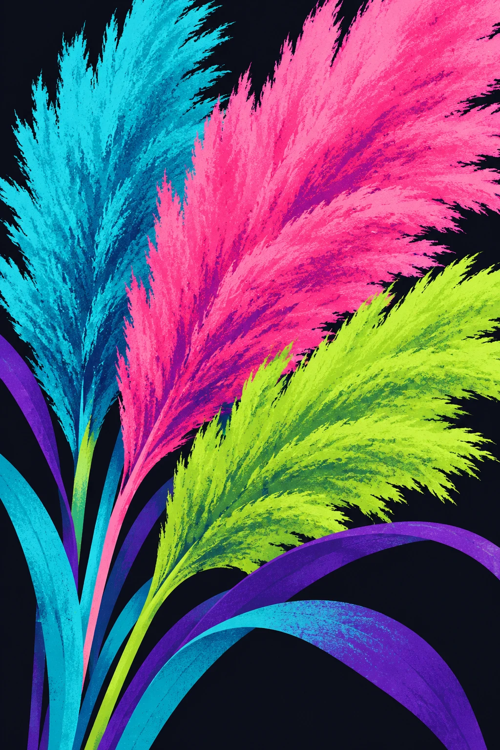 A bundle of dried pampas plumes in pink, black, teal, yellow; portrait artwork.