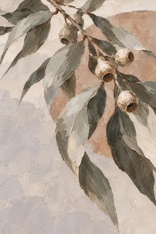 An enormous eucalyptus branch in stone, taupe, sand, brown; portrait artwork.