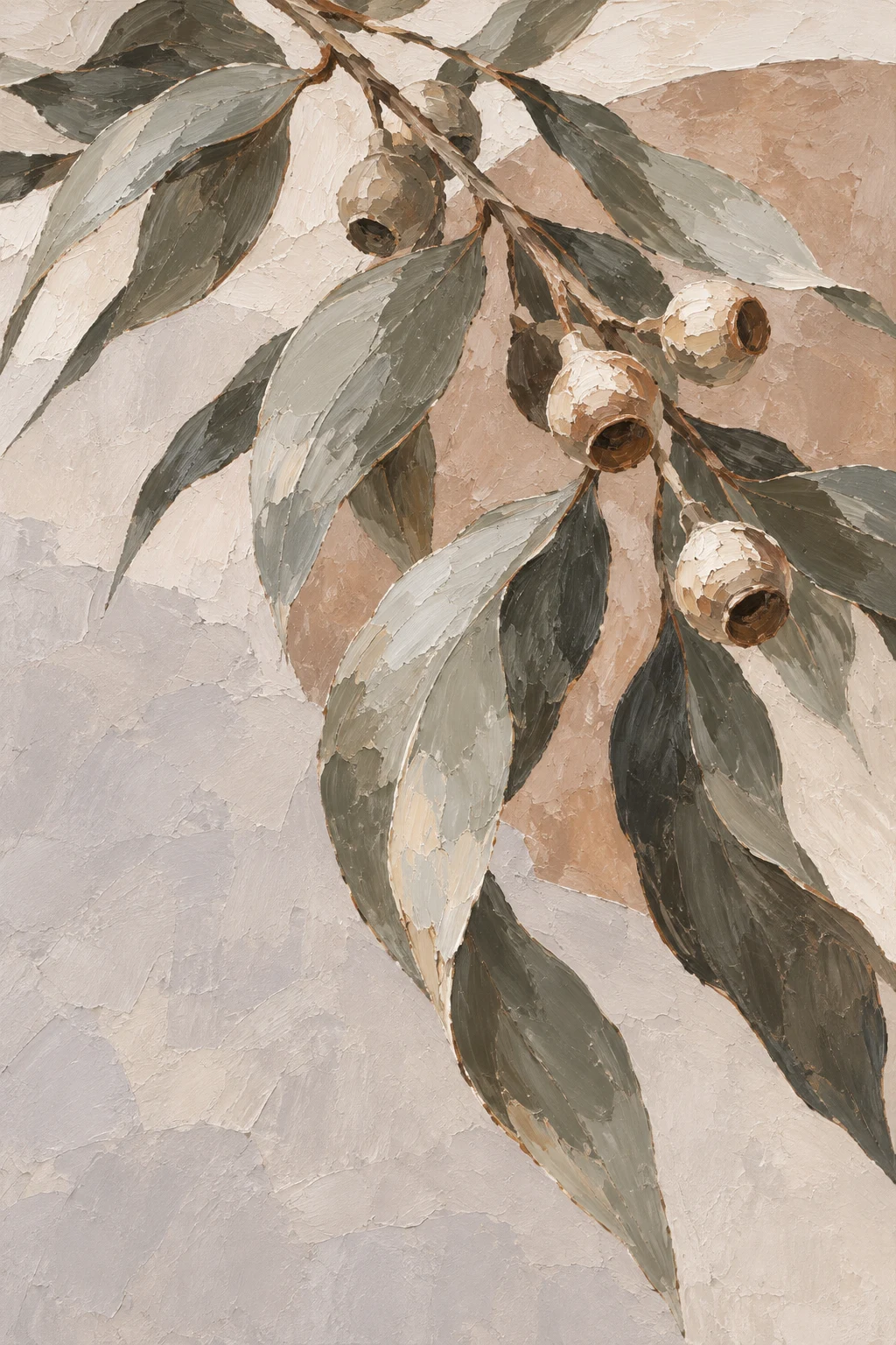 An enormous eucalyptus branch in stone, taupe, sand, brown; portrait artwork.