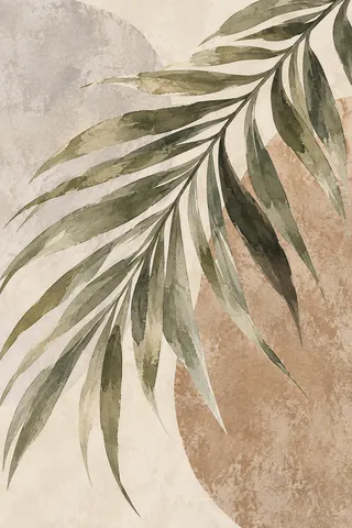 One palm frond fully open in sand, stone, cream, sage; portrait artwork.