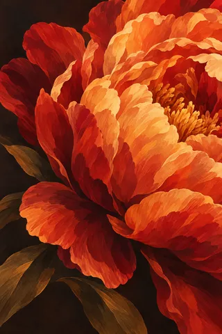 A huge peony head half open in red, black, burgundy, terracotta; portrait artwork.