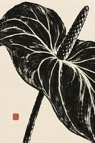 A single anthurium in black, cream, taupe, charcoal; portrait artwork.