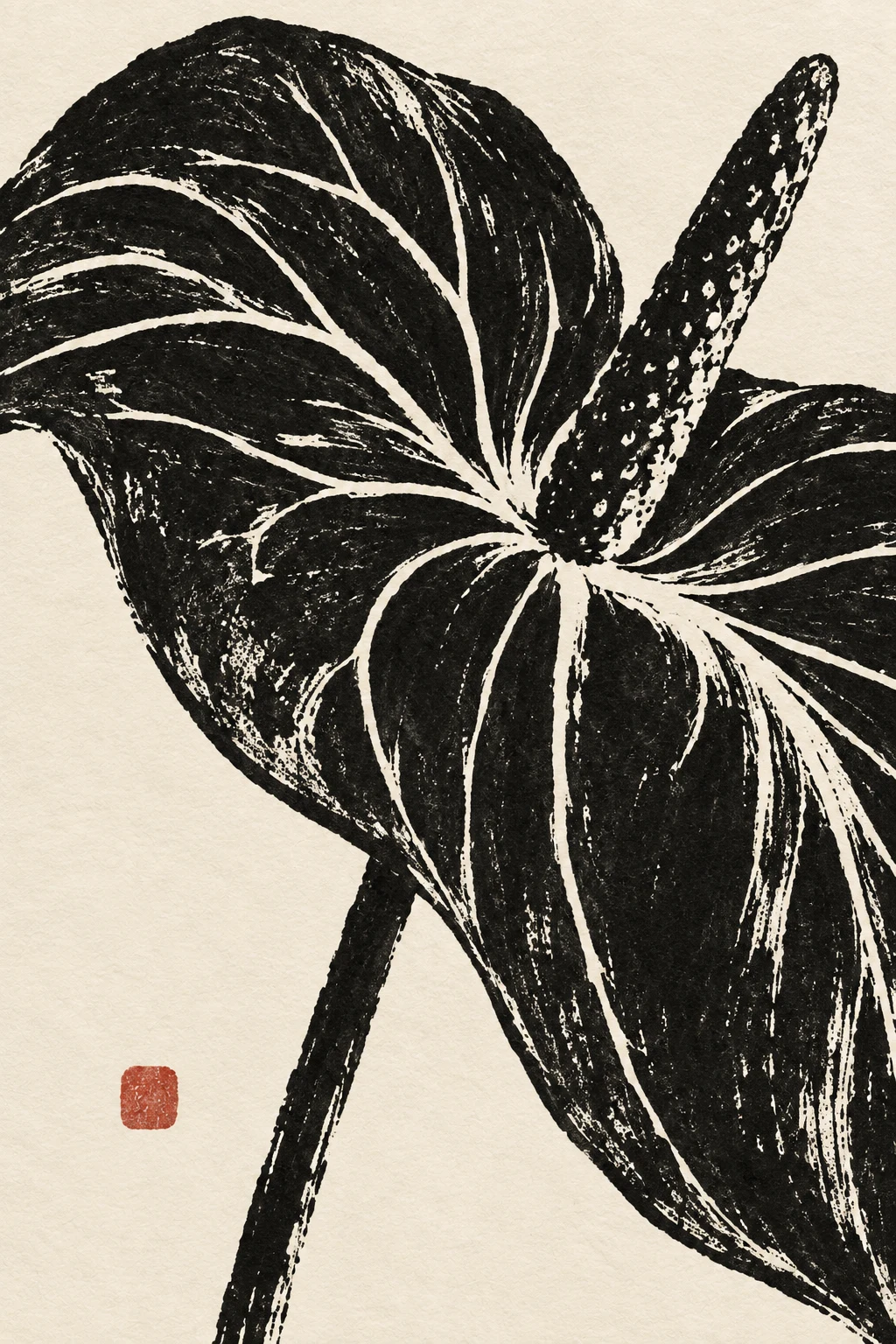 A single anthurium in black, cream, taupe, charcoal; portrait artwork.