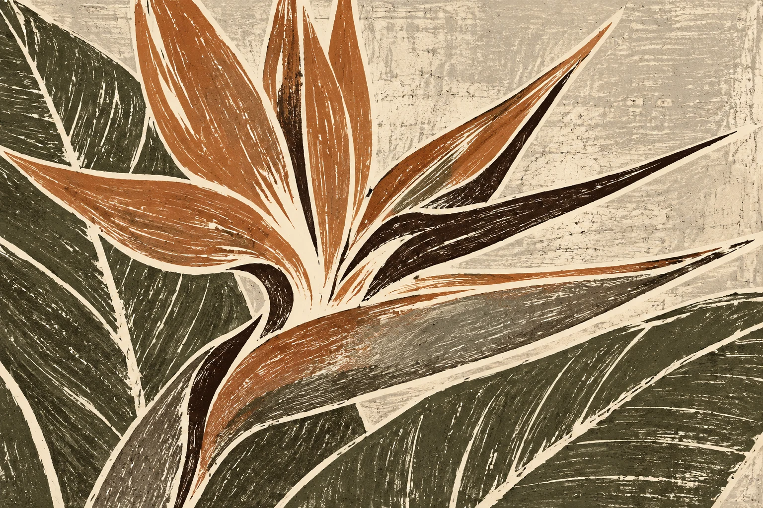 A bird of paradise flower in stone, brown, taupe, olive; landscape artwork.