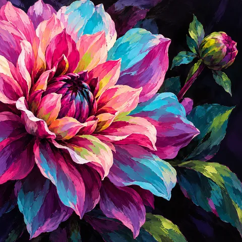 A single dahlia in full bloom in black, pink, charcoal, stone; square artwork.