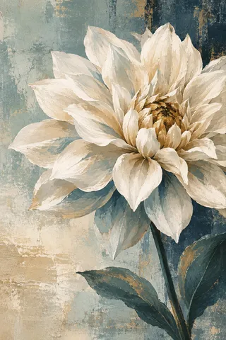 A single dahlia in full bloom in cream, stone, gray, charcoal; portrait artwork.