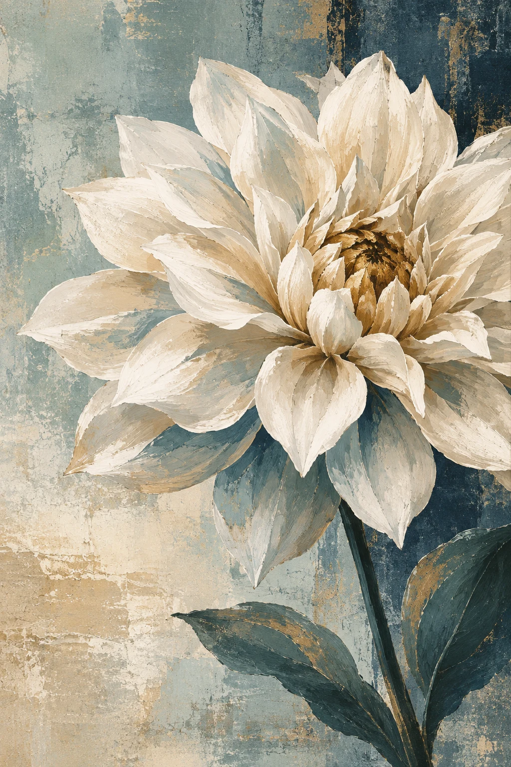 A single dahlia in full bloom in cream, stone, gray, charcoal; portrait artwork.