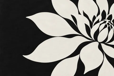 A single dahlia in full bloom in black, cream, white, stone; landscape artwork.
