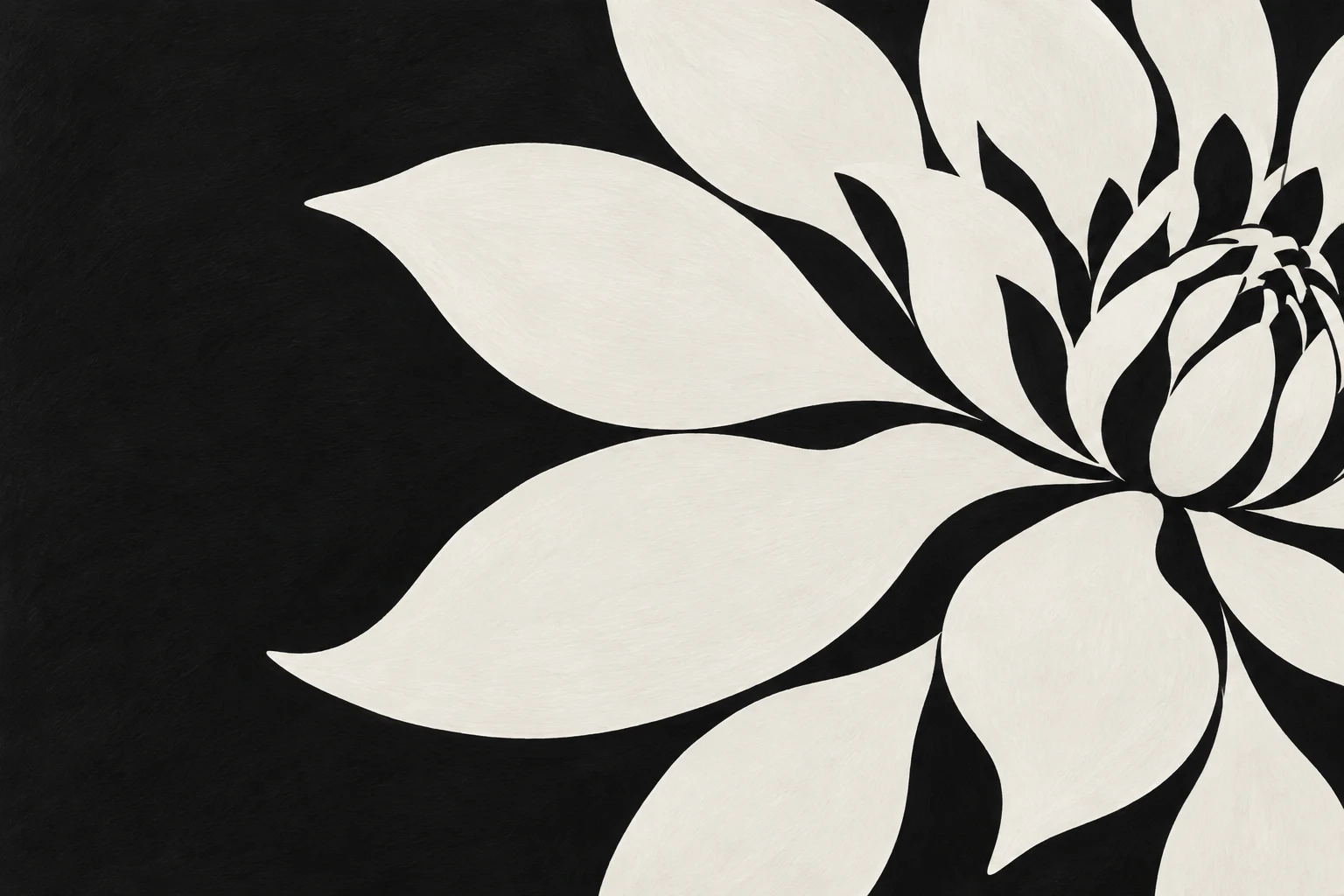 A single dahlia in full bloom in black, cream, white, stone; landscape artwork.