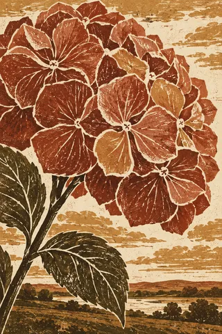 One oversized hydrangea head in ochre, rust, terracotta, cream; portrait artwork.