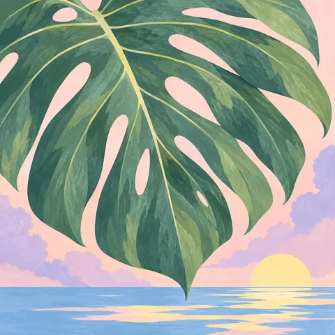 A giant philodendron leaf in cream, sage, teal, olive; square artwork.