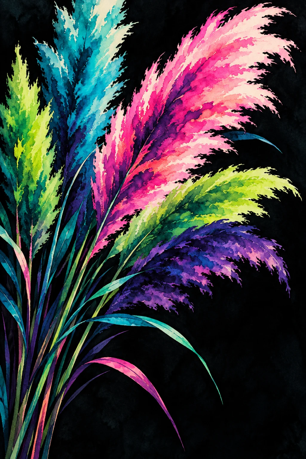 A bundle of dried pampas plumes in black, navy, stone, purple; portrait artwork.