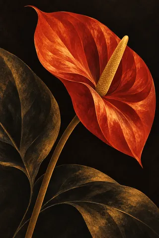 A single anthurium in black, rust, terracotta; portrait artwork.