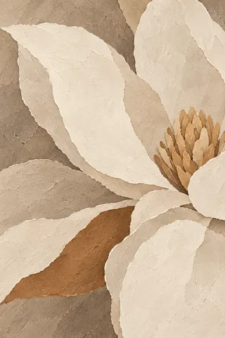 One enormous magnolia bloom filling the field in cream, stone, sage, taupe; portrait artwork.