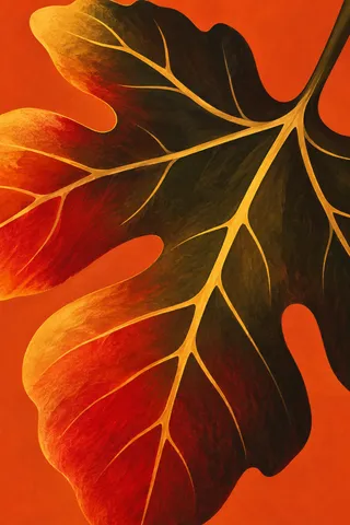 A giant fig leaf with its veins in red, black, burgundy, orange; portrait artwork.