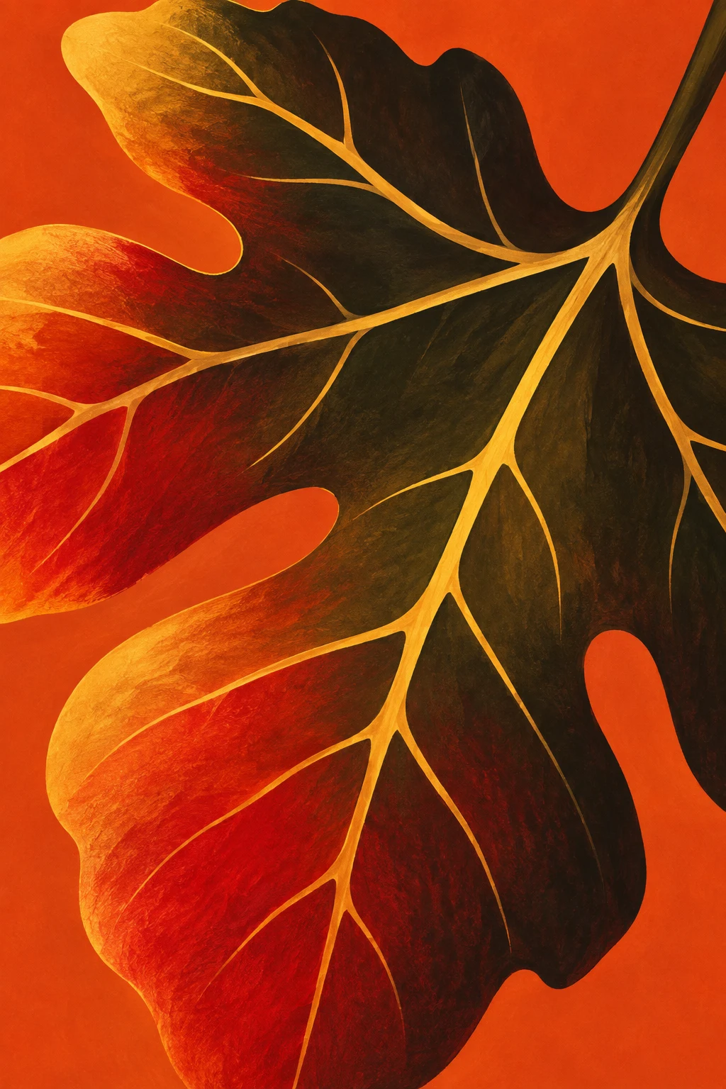 A giant fig leaf with its veins in red, black, burgundy, orange; portrait artwork.
