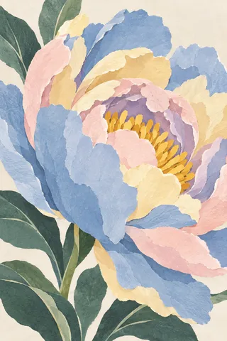 A huge peony head half open in cream, stone, sky blue, green; portrait artwork.