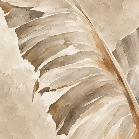 One banana leaf torn by wind in stone, cream, sand, taupe; square artwork.