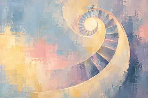 A spiral stair seen from directly below in stone, cream, sky blue, gray; landscape artwork.