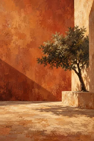 A courtyard with a single tree in terracotta, rust, sand, burgundy; portrait artwork.