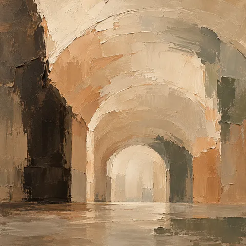 A barrel vault ceiling seen down its length in sand, brown, ochre, cream; square artwork.