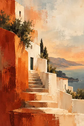 A stepped street of white houses in cream, rust, blush, burgundy; portrait artwork.