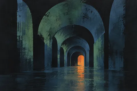 A barrel vault ceiling seen down its length in black, charcoal, navy; landscape artwork.