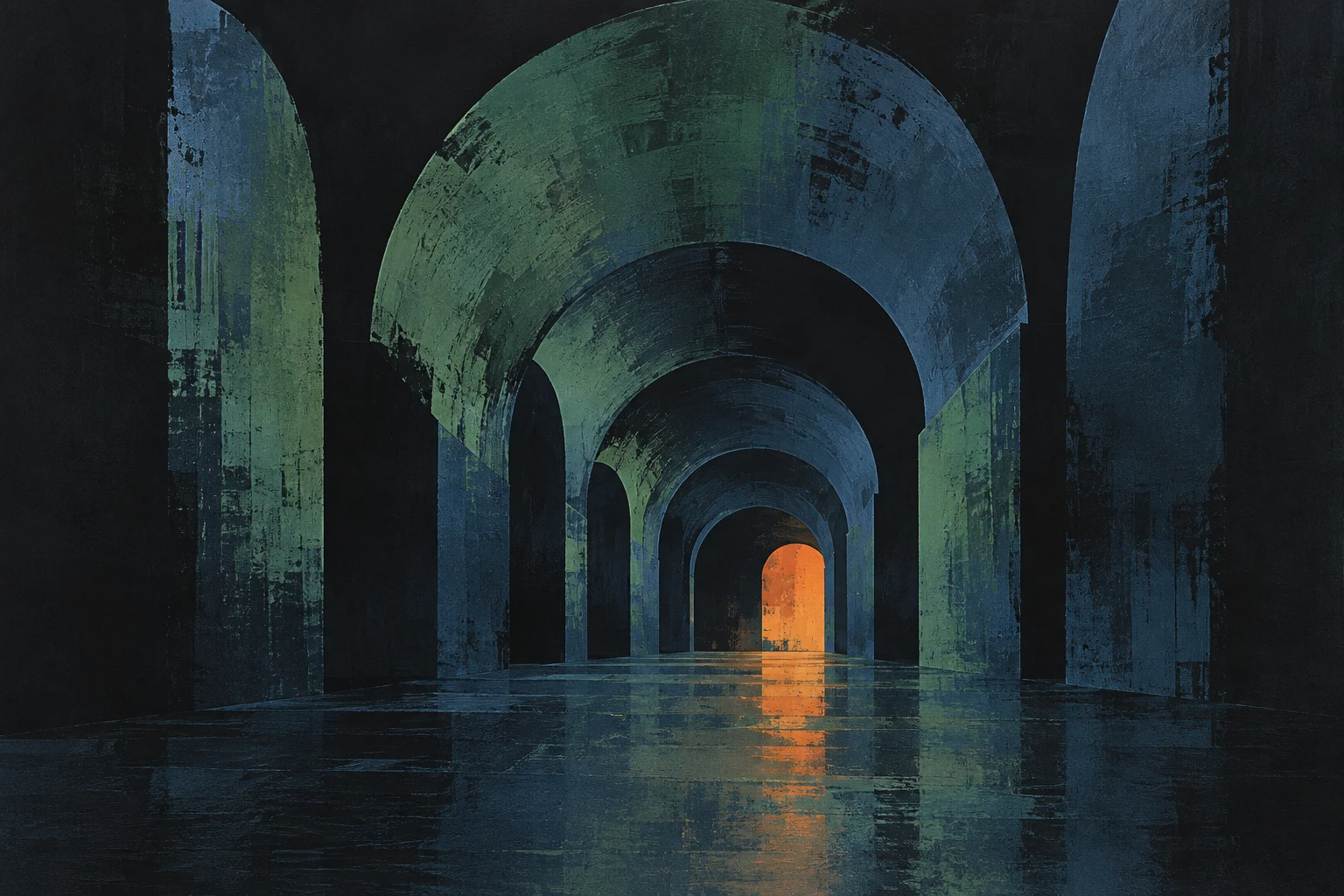 A barrel vault ceiling seen down its length in black, charcoal, navy; landscape artwork.