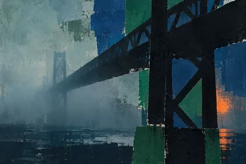 A steel bridge span disappearing into fog in navy, black, taupe, gray; landscape artwork.