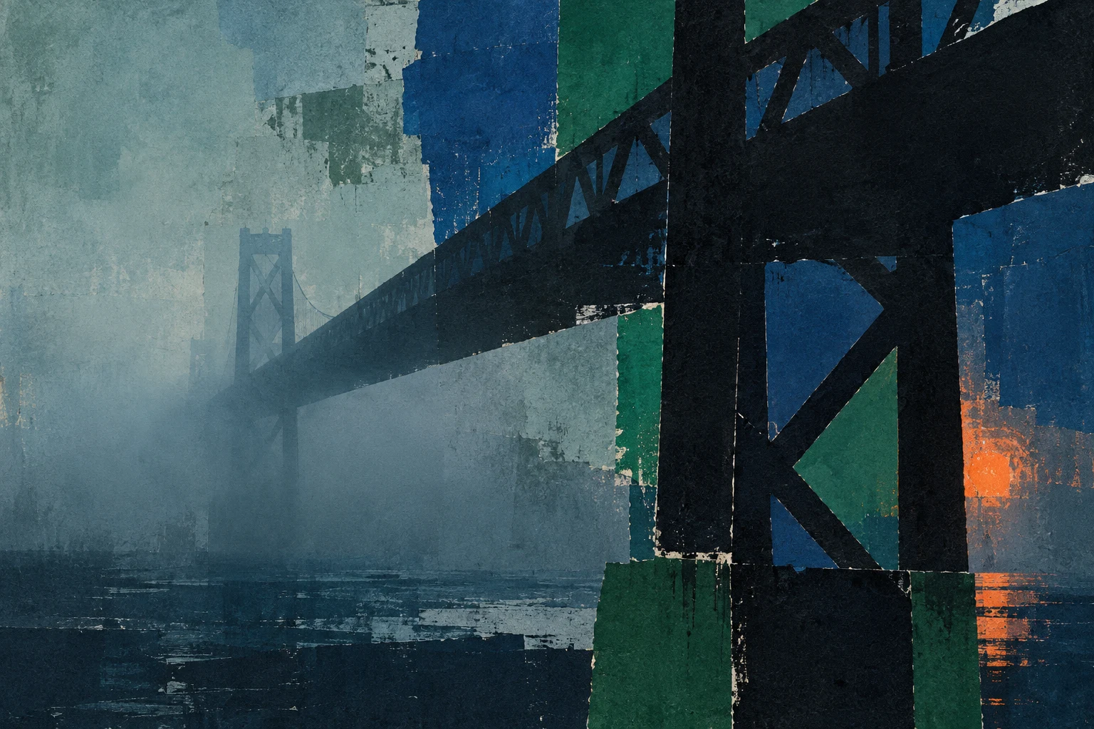 A steel bridge span disappearing into fog in navy, black, taupe, gray; landscape artwork.