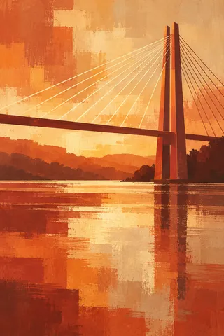 A bridge cable fan in orange, yellow, rust, blush; portrait artwork.