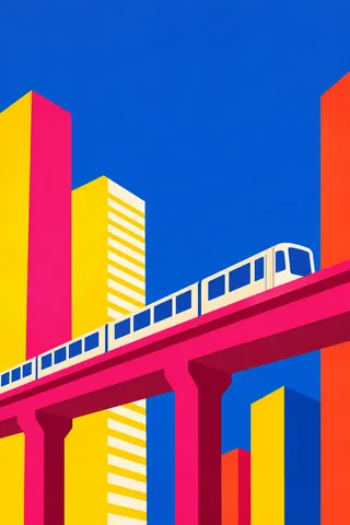 An elevated train line between buildings in blue, red, yellow, rust; portrait artwork.