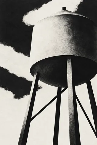 A water tower on thin legs against a huge sky in black, cream, white, stone; portrait artwork.