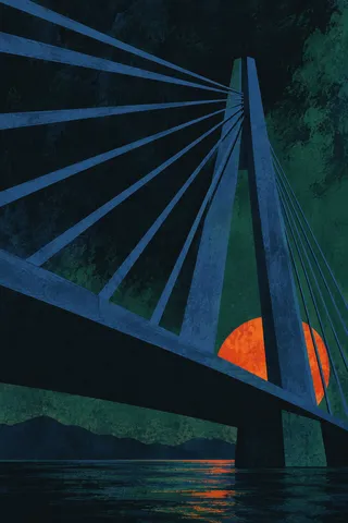 A bridge cable fan in black, navy, charcoal; portrait artwork.