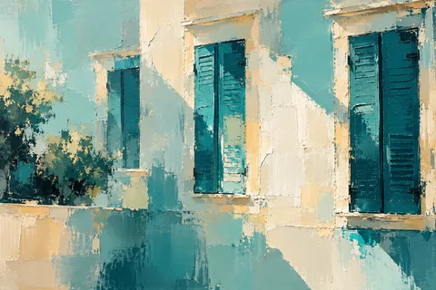 A facade rhythm of tall shuttered windows in cream, sage, sky blue, teal; landscape artwork.