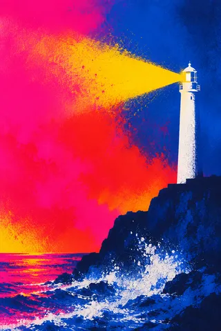 A lighthouse reduced to one pale vertical in red, navy, black, sand; portrait artwork.