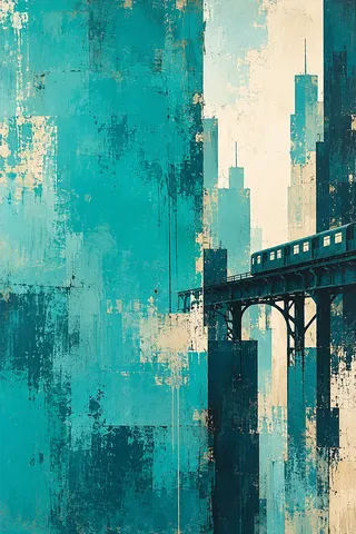 An elevated train line between buildings in teal, sky blue, cream, navy; portrait artwork.