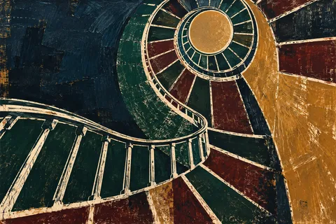 A spiral stair seen from directly below in black, ochre, forest green, burgundy; landscape artwork.