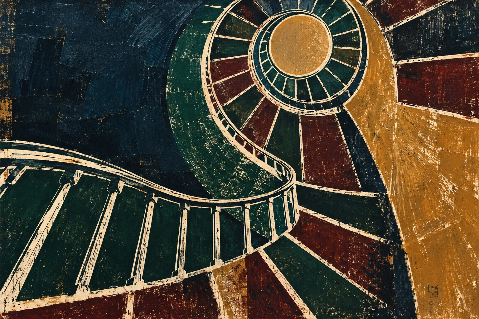 A spiral stair seen from directly below in black, ochre, forest green, burgundy; landscape artwork.