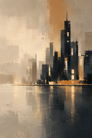 A night skyline as a few lit windows on dark in sand, taupe, stone, charcoal; portrait artwork.