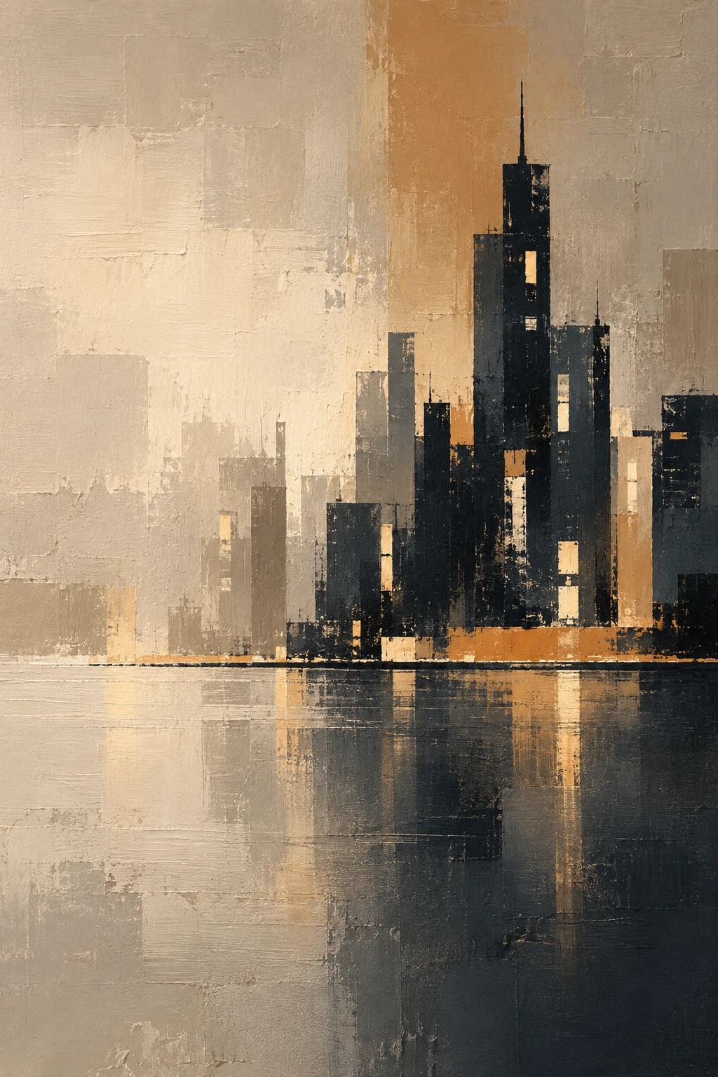 A night skyline as a few lit windows on dark in sand, taupe, stone, charcoal; portrait artwork.