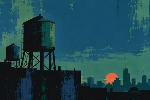 Rooftop water towers against a wide sky in navy, teal, black; landscape artwork.