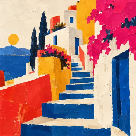 A stepped street of white houses in cream, red, teal, sand; square artwork.