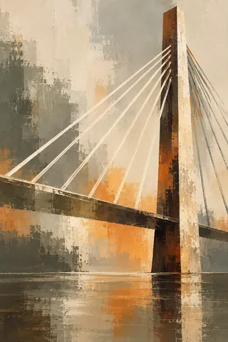 A bridge cable fan in cream, sand, olive, taupe; portrait artwork.