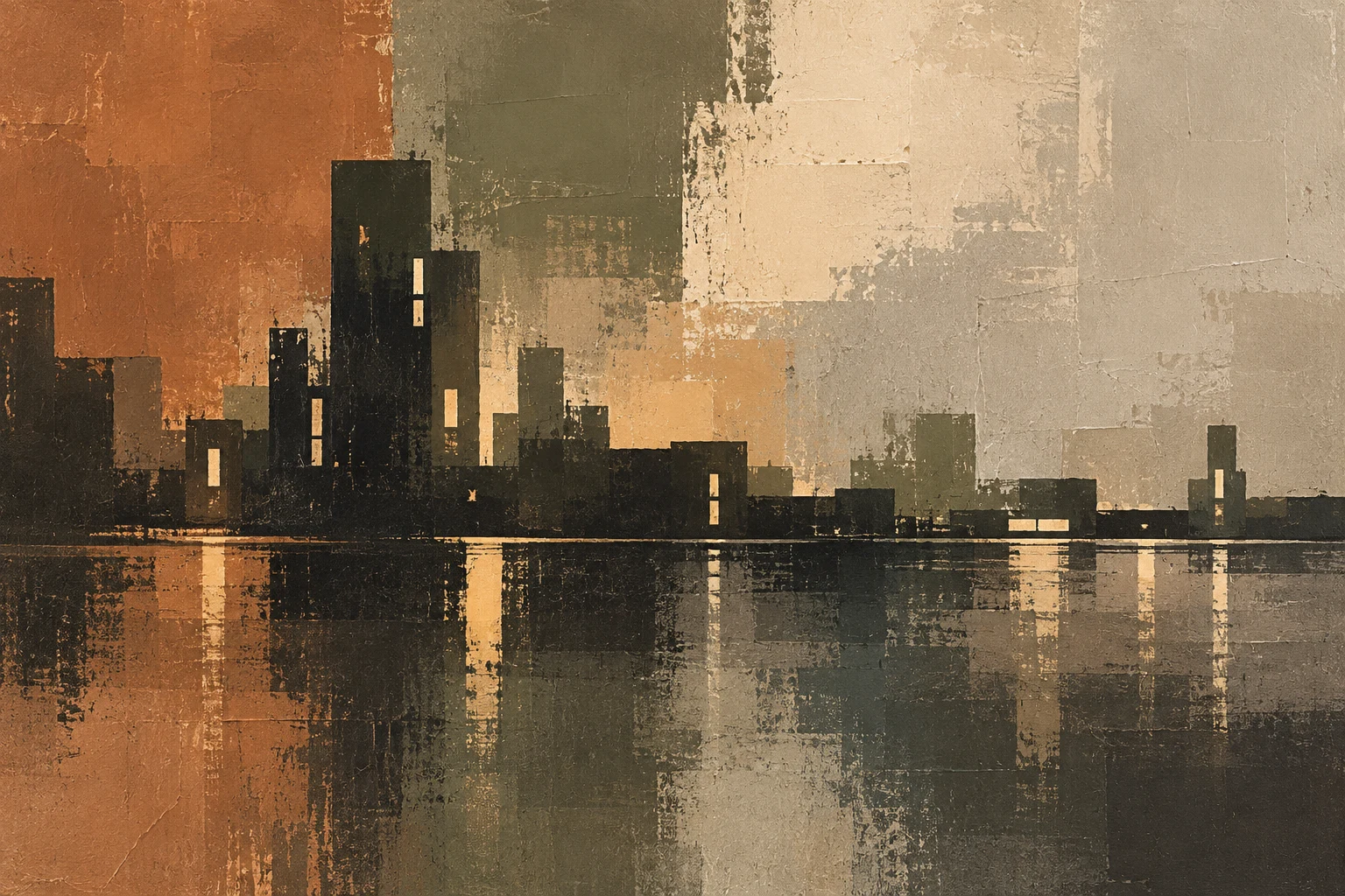 A night skyline as a few lit windows on dark in sand, taupe, brown, charcoal; landscape artwork.