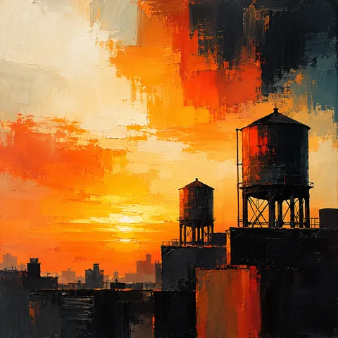Rooftop water towers against a wide sky in orange, black, cream, forest green; square artwork.