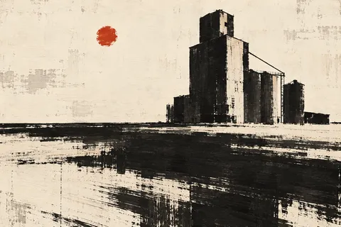A grain elevator on a flat horizon in cream, black, brown, stone; landscape artwork.