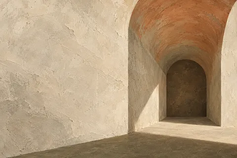 A barrel vault ceiling seen down its length in stone, olive, sand, cream; landscape artwork.