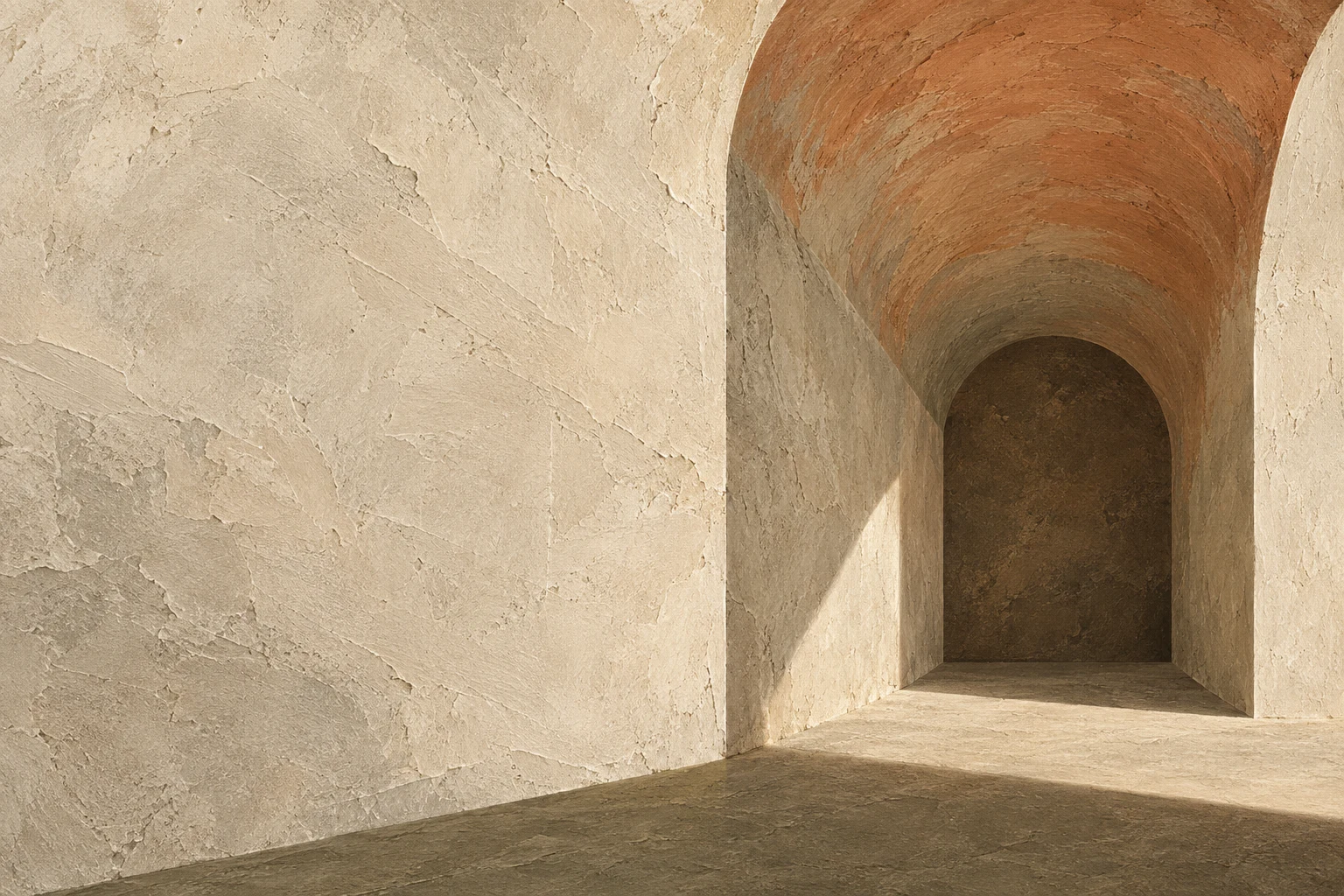 A barrel vault ceiling seen down its length in stone, olive, sand, cream; landscape artwork.